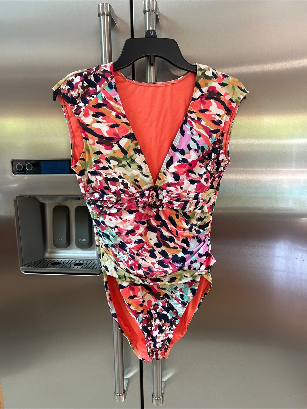 Bleu Rod Beattie Multicolor Abstract Print One-Piece Swimsuit with Coral Lining